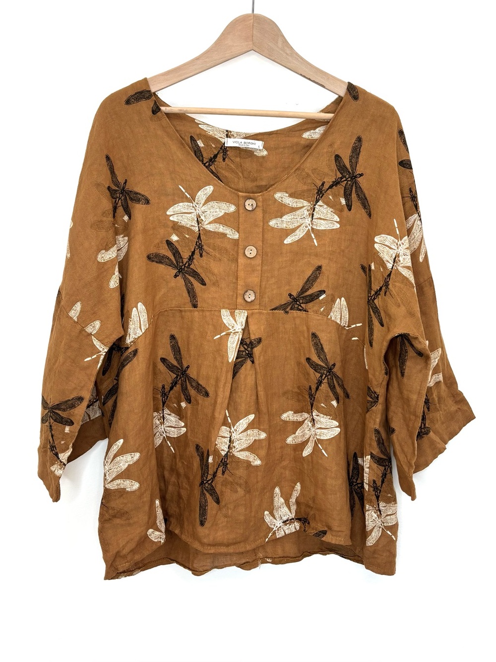 Viola Borghi Italy 100% Linen Dragonfly Print Blouse Top Mustard Brown Large